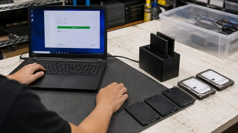 買い取ったパソコンから取り外したSSD・HDDを、専用ソフトでデータ消去しているところ