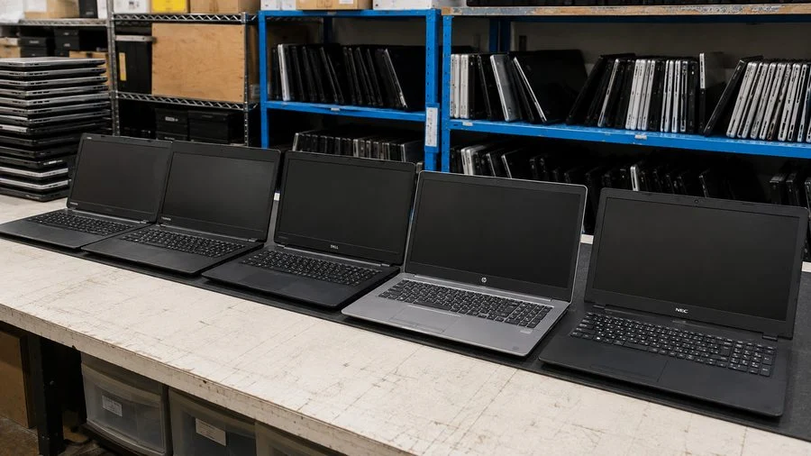 買い取って整備を待つノートパソコンが作業台と棚に並んでいるところ