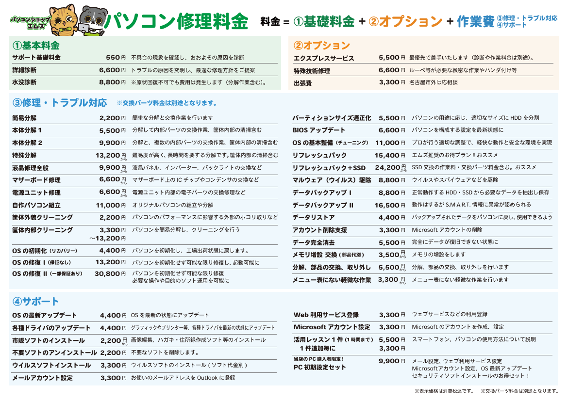 パソコン修理料金表(パソコンショップエムズ)